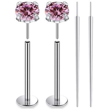 Imagem de Ruifan ASTM F136 titânio bochecha piercing barra joias sem rosca push in flat back língua anéis rosa zircônia cúbica sólido titânio labret piercing corporal joias para mulheres homens 14G 14 mm