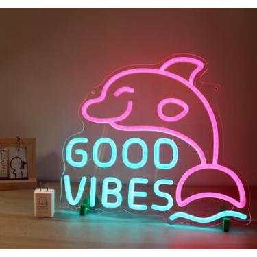 Imagem de FLAGMEE Placa De Golfinho Neon Good Vibes, Azul Gelo E Rosa, Para Decoração Parede Quarto, Festa Ou Happy Hour, Brilho Ajustável, Inclui Carregador 5 V