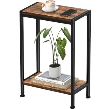 Imagem de Mesa lateral estreita para espaços pequenos, mesa de canto pequena de 2 camadas com suporte de prateleira, mesa de cabeceira fina, mesa de sofá de lanche skinny na sala de estar, quarto, escritório