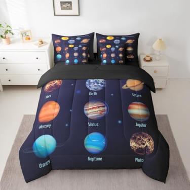 Imagem de Feelyou Jogo de cama com estampa de planetas e planetas do sistema solar, para meninas, meninos, crianças, conjunto de cama decorativo, 7 peças, tamanho Queen, galáxia azul, conjunto de cama de
