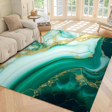 Imagem de EDGZKO Tapetes de mármore para sala de estar: 1,8 x 2,5 m Esmeralda verde dourado tapete de mármore antiderrapante abstrato turquesa tapete lavável tapete de chão para quarto, dormitório, cozinha