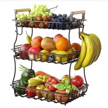 Imagem de Cesta de frutas de 3 camadas, camada de malha e 2 cabides de banana e cabo de madeira, tigela de frutas para balcão de cozinha, organizador de suporte de armazenamento de frutas retangular empilhável