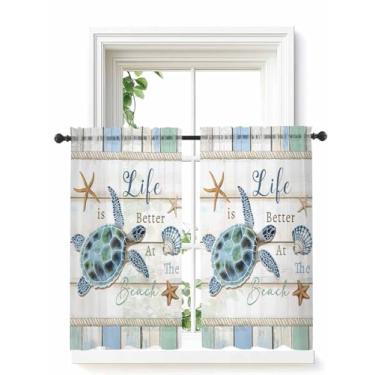 Imagem de Cortinas transparentes de tartarugas marinhas costeiras para quarto, sala de estar, conchas náuticas de estrelas do mar, cortinas de café 132 x 137 cm de comprimento, cortinas de voile com bolso para