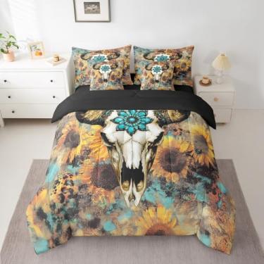 Imagem de jejeloiu Conjunto de edredom King com decoração ocidental, cama boho, caveira de vaca, para meninos, meninas, adolescentes, sudoeste, nativos americanos, conjunto de cama boêmio, amarelo azul-petróleo