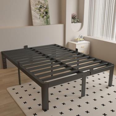 Imagem de KOSOSO Moldura de cama de casal preta de 40,6 cm, moldura de cama completa de metal com defletores, sem necessidade de mola box, suporte de aço resistente, design de canto arredondado, furos