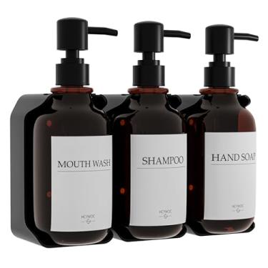 Imagem de HCYWOC Dispensador de xampu e condicionador, dispensador de sabonete de chuveiro com 16 etiquetas à prova d'água, dispensador de xampu para parede de chuveiro, 3 câmaras sem broca, 500 ml, âmbar
