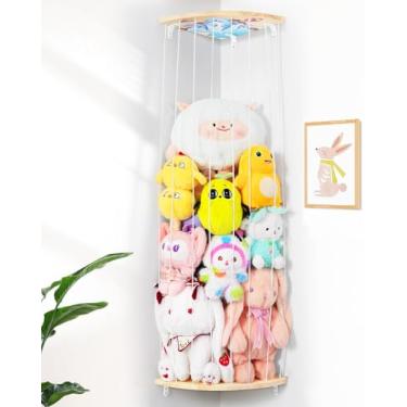 Imagem de Rede de armazenamento de animais de pelúcia de canto – Organizador de animais de pelúcia de madeira ajustável de altura – Suporte de parede grande de ursinho de pelúcia para quarto de crianças