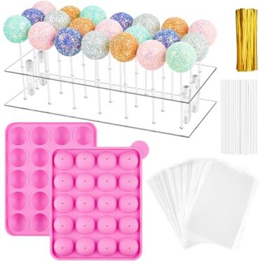 Imagem de Kit para fazer bolos, suporte de exibição de pirulito acrílico transparente com 20 cavidades de silicone, 100 palitos e laços torcidos para pirulito e bolo (rosa)