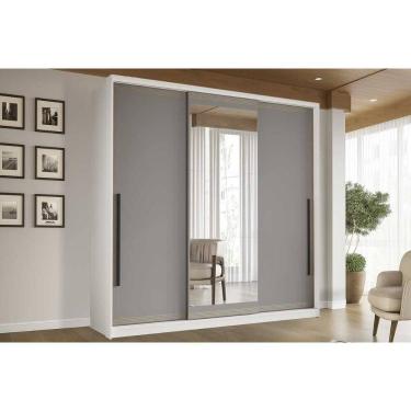 Imagem de Guarda Roupa Casal 3 Portas de Correr (1 c/ espelho) e 4 Gavetas Valência Branco/Cinza - Politorno