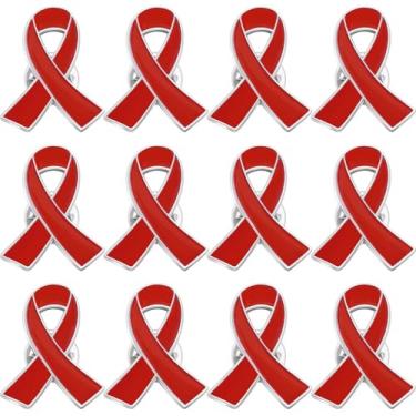 Imagem de 12 pinos de fita vermelha a granel para conscientização sobre HIV AIDS, prevenção de drogas, conscientização de doenças cardíacas, alfinetes de conscientização de fita vermelha para homens, mulheres e