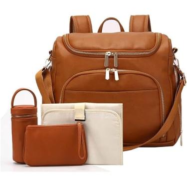 Imagem de Conjunto De Troca De Fraldas Para Bebês Mochila Bolsa Grande Couro Pu Multi-fution Fraldas Bolsas Mochila Para Cuidados Com O Bebê, Brown