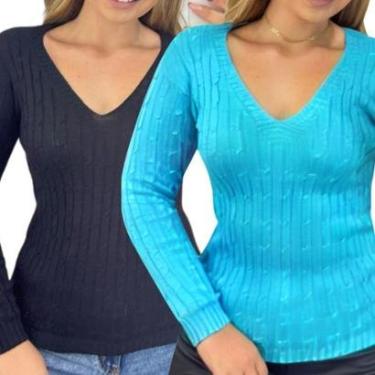 Imagem de Kit 2 Blusas Industrie Femininas Suéter Malha Tricô e Turquesa Manga Longa Tamanho:Único;Cor:-Feminino
