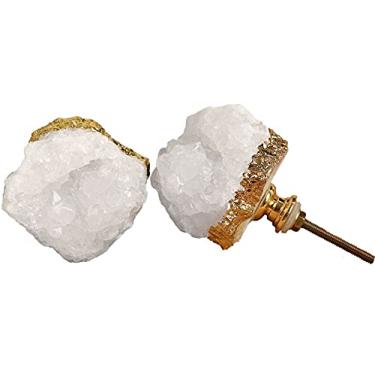 Imagem de RXSTONES Pacote com 2 puxadores de pedra de cristal banhados a ouro com formato irregular, maçanetas de pedra preciosa natural, puxadores de gaveta de quartzo branco