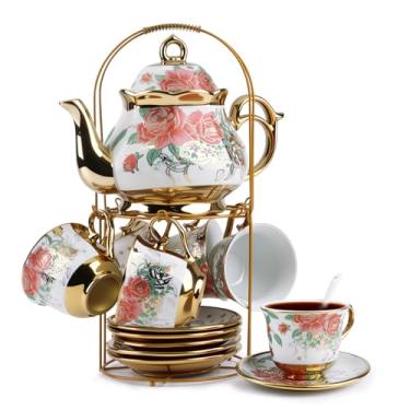 Imagem de Conjunto de chá de porcelana europeia de 20 peças com suporte de metal, xícaras e pires de chá florais vintage, design de flores banhadas a ouro – serve 6, conjunto de chá elegante para adultos e