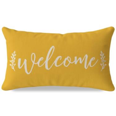 Imagem de PANDICORN Capa de almofada Farmhouse Welcome 30 x 50 cm amarela primavera verão decoração de pátio decoração lombar decorativa para casa, sala de estar, quarto, sofá, banco decoração