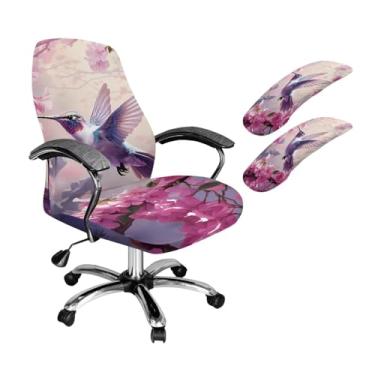 Imagem de SAJJWHHR Conjunto de capa de cadeira de escritório com estampa de beija-flor, capa de cadeira de computador impressa em flor de pêssego com capas de apoio de braço, capa elástica confortável para