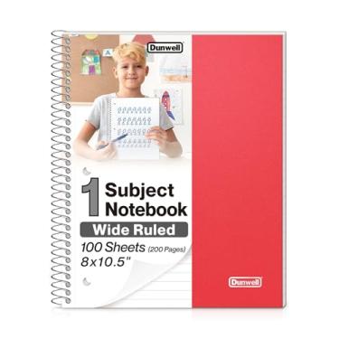 Imagem de Dunwell Caderno espiral de 1 assunto (vermelho), capa de plástico, 100 folhas (200 páginas) papel de 20 x 26 cm, pautado para facilitar a escrita, páginas perfuradas com 3 furos, divisória com bolsos