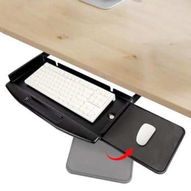 Imagem de Lumclaw Bandeja de teclado montada sob a mesa, bandeja de teclado de aço, deslizante sob a mesa com mouse rotacional, plataforma para escritório