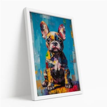 Imagem de Quadro Decorativo Bulldog Francês Grafitte Colorido Fundo Azul Arte Moderna Pet Divertido Estilo Pop Alegre Parede Com Moldura