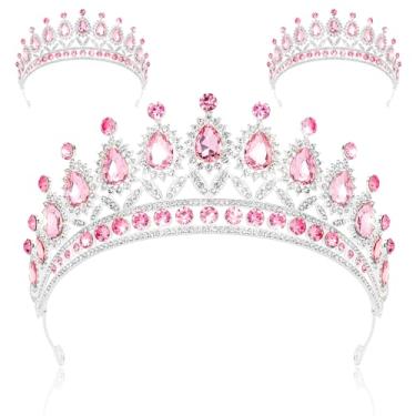 Imagem de Tiara de cristal e coroa de princesa, 3 peças, tiaras de princesa rosa com strass, tiaras de cabeça com coroa, casamento, rainha, formatura, concurso, festa de aniversário, acessórios de cabelo de