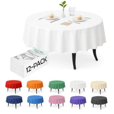 Imagem de Craft And Party Pacote com 12 toalhas de mesa brancas de plástico – Capas de mesa redondas descartáveis de 213 cm, resistentes e à prova d'água para festas, eventos, banquetes, brancas