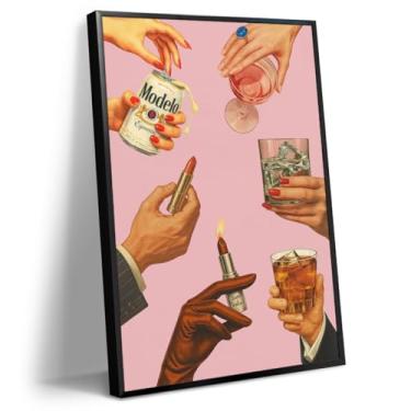 Imagem de abrtolpffo Arte de parede em tela de moda rosa, pôster estético de batom retrô, estampa de carrinho de bar Cheers na moda, decoração de parede de maquiagem feminina descolada, pintura de imagem de