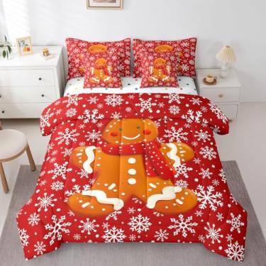 Imagem de Erosebridal Jogo de cama de casal com decoração de Natal, conjunto de edredom masculino gengibre de Natal para crianças e adolescentes, cama geométrica de floco de neve em uma bolsa (edredom, lençóis,