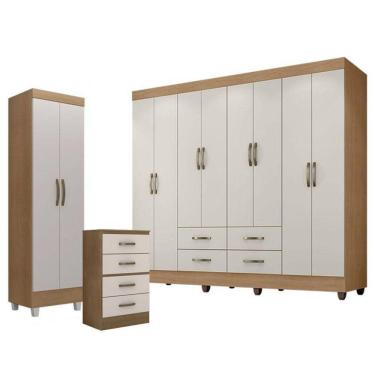 Imagem de Guarda Roupa Casal Porto Com Cômoda 4 Gavetas E Armário Multiuso Lite Nature Off White Leão