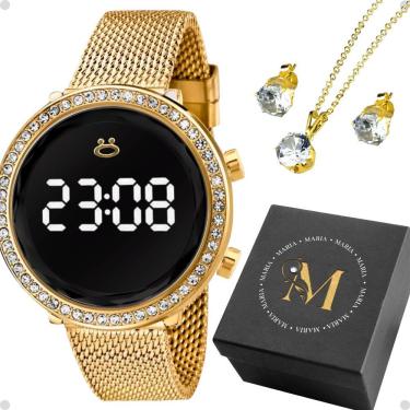 Imagem de Relogio Feminino Aço Digital + Brinco Colar Strass + Caixa Social Presente Silicone Dourado Banhado