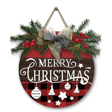 Imagem de Dacawin Placa de Porta de Feliz Natal, Placas Penduradas de Xadrez de Búfalo de Natal com Laço e Guirlanda, Estrelas de Natal, Placa de Madeira para Porta Da Frente para Feriado, D ()