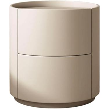 Imagem de Mesa De Cabeceira Elegante Mesa De Cabeceira Criativa De Madeira Redonda 2 Gavetas Mesa De Cabeceira Leve De Luxo Imitação De Couro Envolto Em Armário De Cabeceira, Light Brown