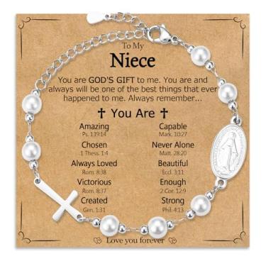 Imagem de WIKHIA Pulseira com pingente de cruz de pérola para meninas, batismo, primeira comunhão, presentes de Páscoa para adolescentes, meninas, crianças, joias cristãs religiosas católicas para afilhada