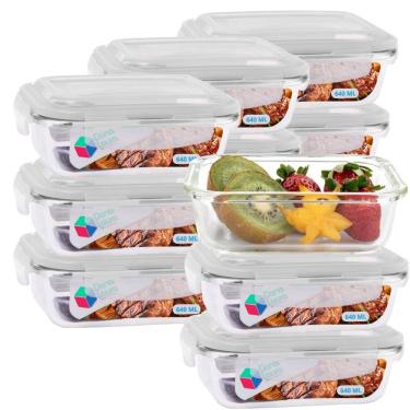 Imagem de Jogo 12 Potes Marmitas Fitness 640ml Vidro Retangular Tampa Hermetico