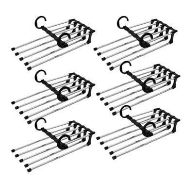 Imagem de Kit 6 Cabide Multifuncional 5 Divisórias Retrátil Inox – Organizador Vertical/Horizontal que Economiza Espaço no Guarda-Roupa – Ideal para Calças, Bermudas, Saias, Gravatas