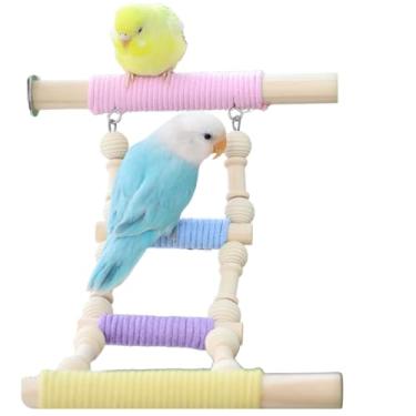 Imagem de Poleiro colorido de 4 degraus com parafusos para periquitos, calopsitas, periquitos, periquitos, madeira natural e brinquedo de escalada de corda de algodão para gaiola de pássaros