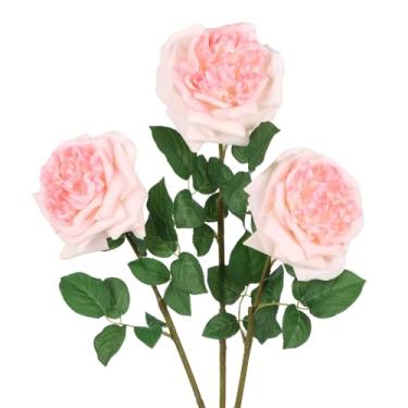 Imagem de IPOPU Real Touch Flores artificiais Austin Rose Peony 3 peças flores grandes 13 cm realistas 63,8 cm flores de haste longa para buquês de casamento DIY decoração de festa em casa (pêssego)