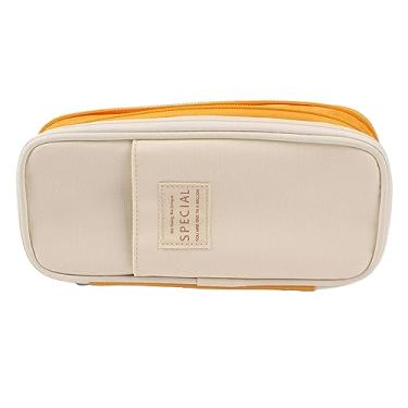 Imagem de Caixa de lápis de caneta grande estilo moderno simples com bolsos de malha e material de tela durável para zíper para estudantes de viagens de escritórios escolares 22 x 11 x 6,5 (Amarelo e bege)