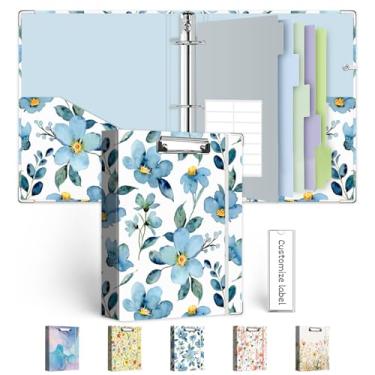Imagem de Fichário A5 de 2,5 cm, organizador de fichário de 3 anéis com prancheta, divisórias de bolsos de 5 abas, pasta de plástico, 18 divisórias stikers, alça para caneta (flora azul, tamanho mini)