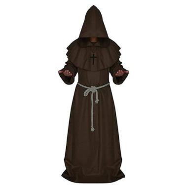 Imagem de Fantasia masculina de frade medieval com capuz, monge, padre renascentista, com cinto de corda cruzada para adultos, roupas de Halloween, cosplay (marrom, GG)
