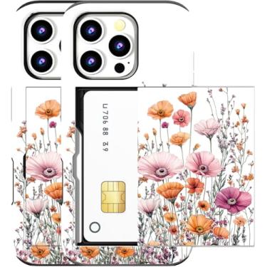 Imagem de MUQR Capa compatível com iPhone 15 Pro Max com porta-cartão fofo - Design Kawaii, proteção contra quedas de nível militar, capa carteira robusta para mulheres (campos de flores brancas e rosa)