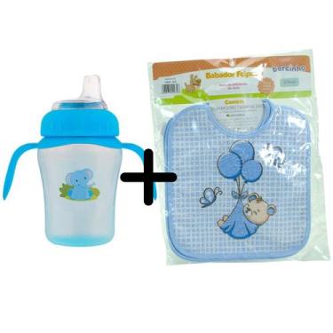 Imagem de Kit Copo Infantil anti-vazamento Bico Silicone E conjunto 3 Babadores 