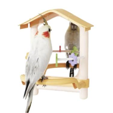 Imagem de Espelho de pássaro com poleiros em forma de casa brinquedos interativos para pequenos papagaios periquito periquito calopsita conure Lovebird acessórios de gaiola (amarelo)