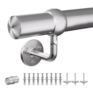 Imagem de Kit de corrimão de escada, sistema de corrimão resistente de 1,8 m montado na parede, aço inoxidável 304, tubo de 3 cm, uso interno e externo, barra de apoio segura para paredes de tijolos de concreto