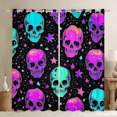 Imagem de Cortinas de caveira de açúcar e cortinas de Halloween, cortinas blackout de galáxia tripla 84Lx63C roxo rosa crânio da morte, cortinas de quarto, estrelas psicodélicas, tratamentos de janela