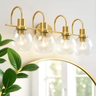 Imagem de Mepplzian Luminária de banheiro dourada de 4 luzes, arandela de parede moderna dourada escovada de 71 cm com persianas de vidro transparente, luminárias de banheiro sobre iluminação espelhada para