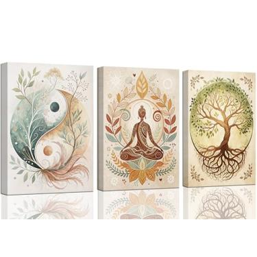 Imagem de 3 peças de arte de parede em tela árvore da vida Lotus Zen pintura imagens decoração de parede Yin Yang Taichi impressões espirituais pôsteres para sala de estar sala de ioga hotel quarto decoração de
