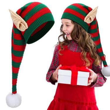Imagem de Funtery Chapéus de elfo tricotados de Natal com orelhas para crianças e adultos chapéus longos de Papai Noel gorro acessórios de fantasia de elfo (1 peça, vermelho e verde, infantil)