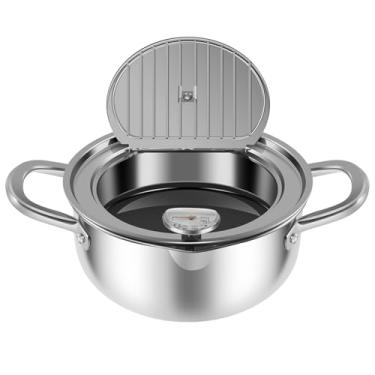 Imagem de LCZNXJJY Fritadeira 2,65L com termômetro e escorredor de óleo em aço inoxidável Frigideira estilo japonês Frigideira funda multifuncional para batatas fritas (P)