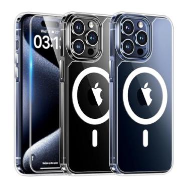 Imagem de Capa para iPhone 15 Pro, Proteção Militar de 15 Pés, 2 Películas de Vidro Temperado 9H, Design Slim, Transparente, Não Amarela, Proteção Completa 360°, Toque Confortável e Aderência Antiderrapante