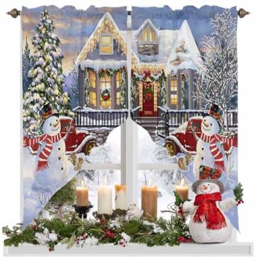 Imagem de Cortina de Natal com saia de árvore de Natal boneco de neve para janelas pequenas, caminhão, vermelho, vitória, janela, camadas para cozinha, quarto, sala de estar, 142 cm L x 91 cm C